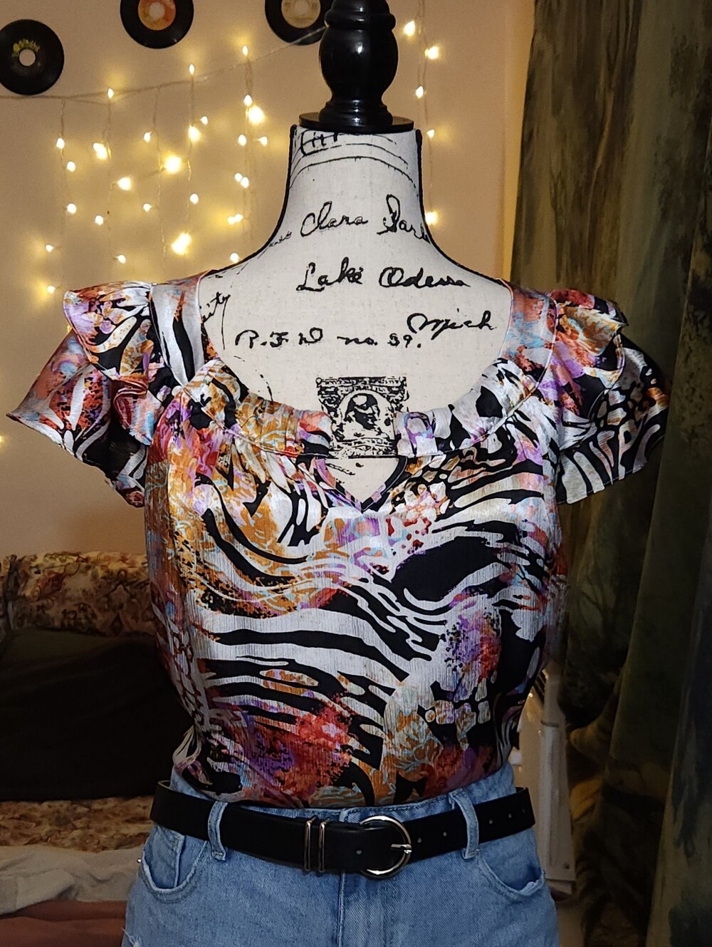 Essentials by Milano Multicolor Ruffel Floral Zebra Print Top Y2k Maximalist